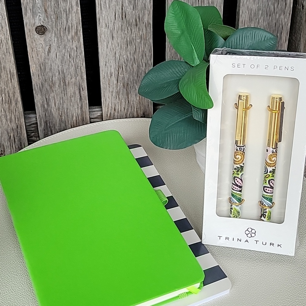 Trina Turk Gold and Multicolor Pen Set with Green and Black-Striped Notebooks - Picture 3 of 5
